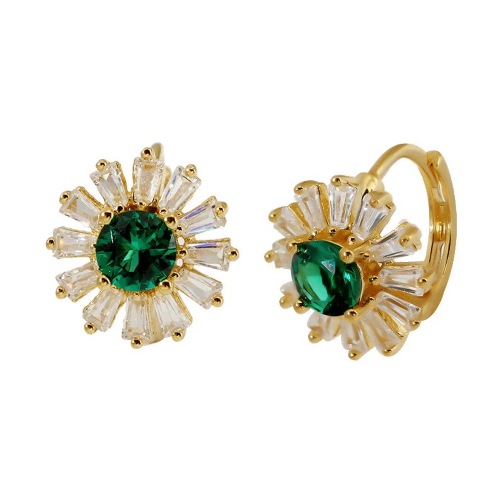 Gold Vermeil Flower Floral Earrings*Emerald Cubic Zirconia*Sterling Silver*DD